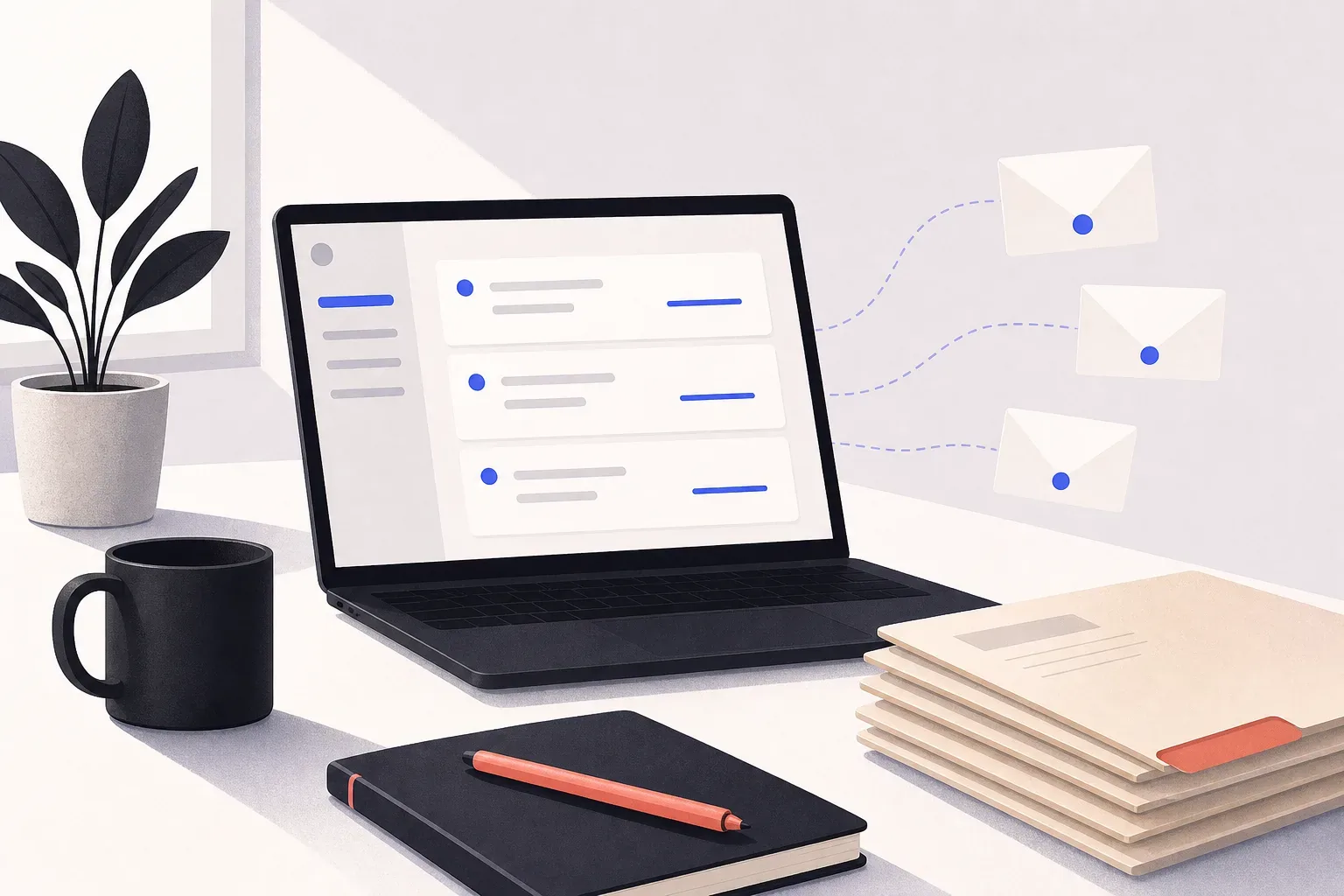 Illustration of an AI employee drafting renewal reminders and client letters on an insurance agency desk