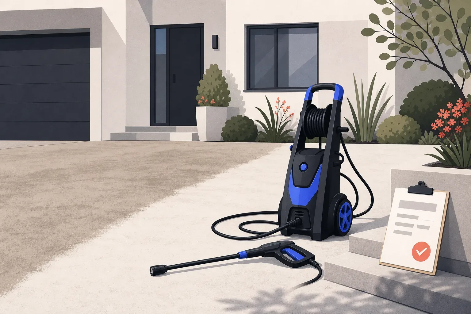 Illustration of pressure washing equipment resting on a half-cleaned driveway beside a job checklist