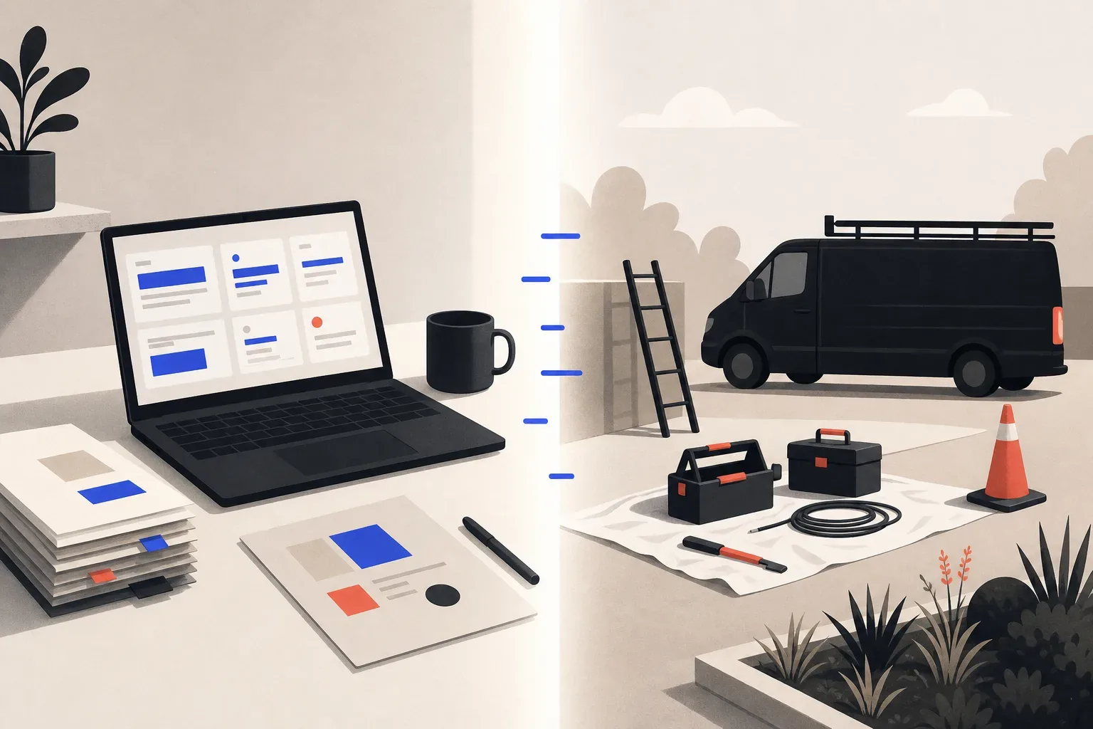 Illustration comparing tidy AI-supported desk work with on-site job equipment