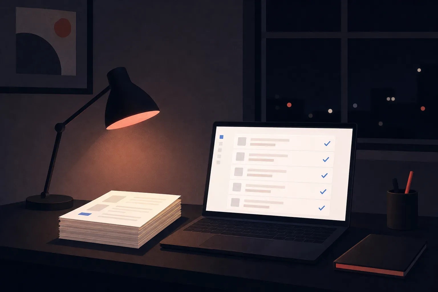 Illustration of an AI employee finishing a stack of work at an empty desk after hours